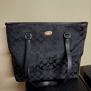 Coach Black Signature Tote Bag 12.5" across, 5.5" deep, 10" tall.